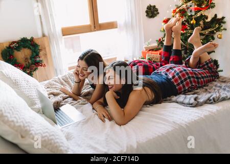 Due amici donne che si divertano nelle vacanze invernali a casa e che guardano qualcosa sul computer portatile vicino all'albero di natale in interni accoglienti. Interni con decorazioni natalizie. Foto Stock