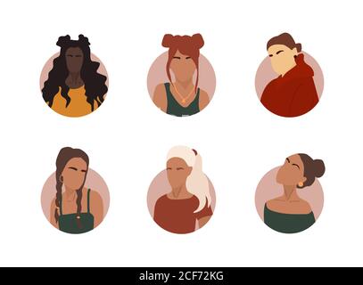 Impostare diversi ritratti astratti donne di grandi diversi team di business. Gruppo di colleghi gioiosi. Collezione di personaggi di cartoni animati femminili. Varie Illustrazione Vettoriale