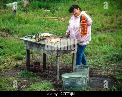 Fairbanks, Alaska, Stati Uniti. Athbaskan Indian Woman dimostra il filetto di un salmone. Foto Stock