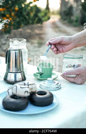 Donna irriconoscibile aggiungere zucchero con cucchiaino da tè in tazza di ceramica verde di gustosa bevanda mentre si prepara la colazione in piedi al tavolo con ciambelle fresche e macchina per il caffè in natura Foto Stock