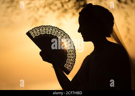 Vista laterale della silhouette della fidanzata con tenuta del velo nuziale fan vintage di sera su sfondo sfocato Foto Stock