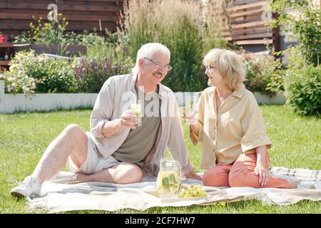 Anziani sposati moderni seduti sul prato in cortile bere fresco limonata fatta in casa e parlare di qualcosa Foto Stock