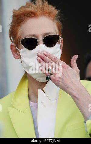 3 settembre 2020, Venezia, Italia: TILDA SWINTON indossa una maschera e occhiali da sole durante il 77° Festival Internazionale del Cinema di Venezia. Le stelle sono tutte mostrate in maschere. Sono stati effettuati controlli di temperatura e si è osservato un allontanamento sociale, quando il Festival del Cinema di Venezia è entrato nell'era COVID-19. (Immagine di credito: © Fabio Sasso/FILO ZUMA) Foto Stock