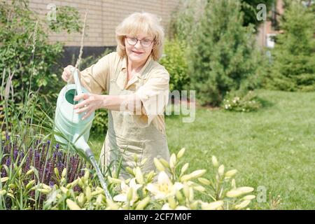 Orizzontale medio lungo ritratto di gioiosa donna anziana annaffiatura fiori nel suo giardino, copia spazio Foto Stock