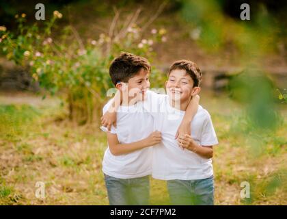 Felici ragazzi gemellati che abbracciano e guardano la macchina fotografica nel parco Foto Stock