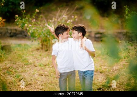 Felici ragazzi gemellati abbracciano e si guardano a vicenda parcheggio Foto Stock