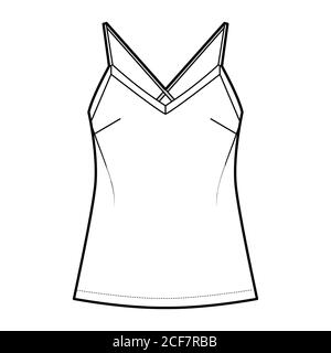 Camisole illustrazione tecnica della moda con collo a V lusinghiero, spalline incrociate con spaghetti, vestibilità rilassata. Modello di abbigliamento da esterno piatto, colore bianco. Donna, uomo maglia unisex top mockup CAD Illustrazione Vettoriale