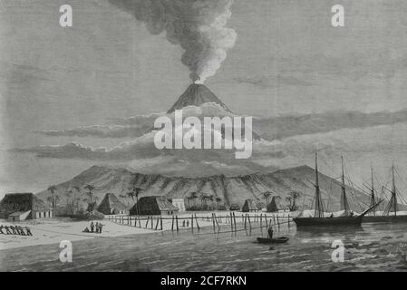 Isole Filippine, provincia di Albay, Isola di Luzon. Vulcano Mayon o Monte Mayon. Il vulcano più attivo delle Filippine. Incisione di Bernardo Rico. La Ilustracion Española y americana, 1881. Foto Stock