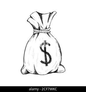borsa di denaro con il simbolo del dollaro per il disegno icona del selvaggio west illustrazione disegnata a mano isolata con sfondo bianco Illustrazione Vettoriale