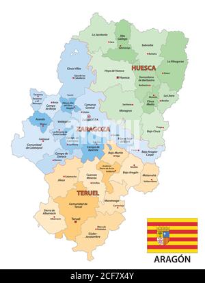 Mappa amministrativa vettoriale della regione autonoma spagnola dell'Aragona con flag Illustrazione Vettoriale