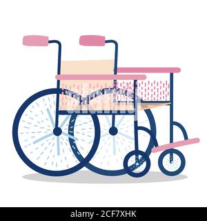 sedia a rotelle con elementi rosa e schienale e sedile beige. Stile disegnato a mano. Illustrazione vettoriale isolata su sfondo bianco. Illustrazione Vettoriale