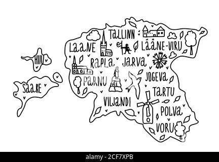 Mappa tirata a mano di doodle Estonia. Città estoni nomi scritte e cartoni animati punti di riferimento, attrazioni turistiche clipart. Viaggio, banner concept design Illustrazione Vettoriale