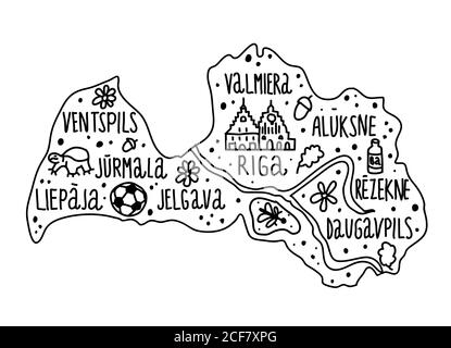 Mappa della Lettonia con doodle disegnati a mano. Lettone città nomi scritte e cartoni animati punti di riferimento, attrazioni turistiche clipart. Viaggio, banner concept design. Riga Illustrazione Vettoriale