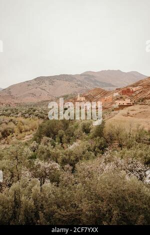 Paesaggio marocchino con piccole case in pietra situato tra le colline con vegetazione verde su terreno montuoso Foto Stock