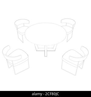 Sedie outline si trovano intorno al tavolo. Vista prospettica. 3D. Illustrazione vettoriale Illustrazione Vettoriale