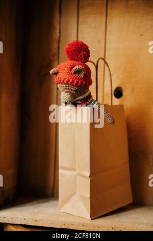 Adorabile orso giocattolo fatto a mano in cappello a maglia posto all'interno della carta borsa su ripiano in officina Foto Stock