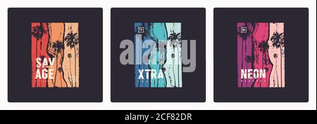 Set di t-shirt tropicali vettoriali disegni, poster, stampe, modelli Illustrazione Vettoriale