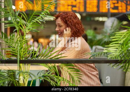 Giovane donna allegra che lavora su un computer portatile in caffetteria e telefono parlante Foto Stock