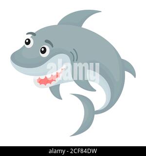 Carino divertente squalo stampa per la progettazione di album, album, biglietto d'auguri, invito, decorazione a parete. Carattere animale fumetto oceanico. Illustrazione Vettoriale