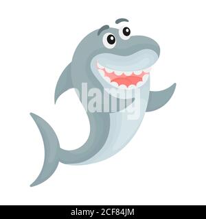 Carino divertente squalo stampa su sfondo bianco. Ocean Cartoon personaggio animale per la progettazione di album, album, biglietto di auguri, invito, decorazione a parete. Illustrazione Vettoriale