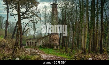 Ampia vista angolare di rovinato deserta edificio industriale in mattoni con Camino situato tra la foresta verde in Spagna Foto Stock