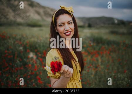 Sorridente bella femmina adulta con capelli rossi in abito giallo e. fascia con labbra rosse che tengono un bouquet con rosa rossa e. guardare la fotocamera mentre si è in piedi da soli in un prato verde sfocato con fiori rossi contro le colline sotto il cielo nuvoloso grigio durante giorno Foto Stock