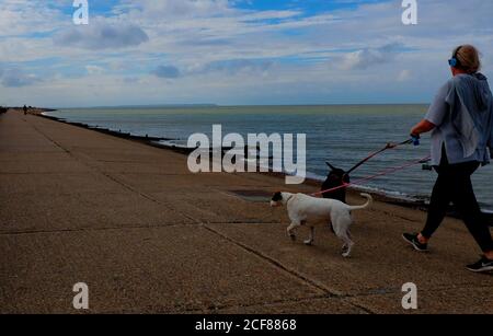 donna che prende i suoi cani per una passeggiata sul lungomare di hampton-on-sea east kent uk settembre 2020 Foto Stock