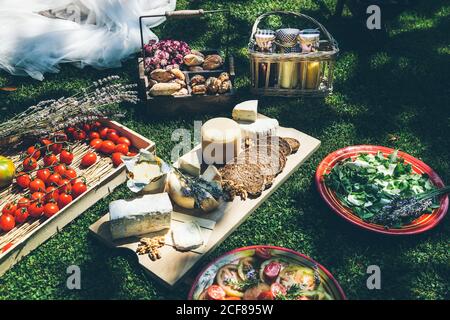 Set di deliziosi pomodori freschi e verdure varie sul piatto e vassoio con formaggio e pane vicino a cesto con diverso succhi di frutta messi su prato verde durante il pranzo in giardino Foto Stock