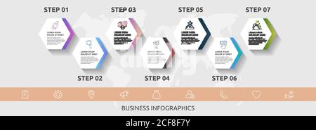 Infografiche aziendali vettoriali. Linea temporale moderna con 7 esagoni, frecce. Utilizzato per il web design, la pubblicità di marketing, il layout del flusso di lavoro, il report annuale Illustrazione Vettoriale