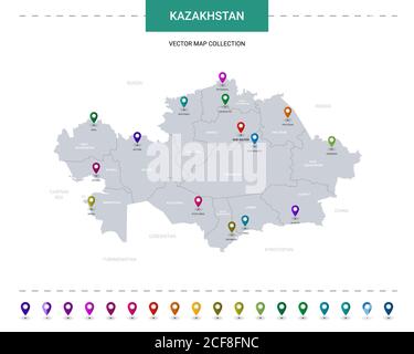Mappa del Kazakistan con indicatori di posizione. Modello vettoriale infografico, isolato su sfondo bianco. Illustrazione Vettoriale