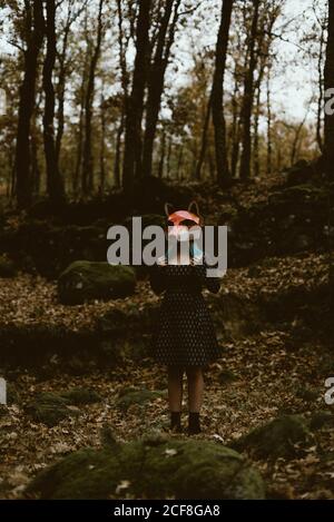 anonimo femmina in carta volpe maschera camminare nella misteriosa foresta d'autunno in tempo sovrastato. Concetto di protezione degli habitat naturali Foto Stock