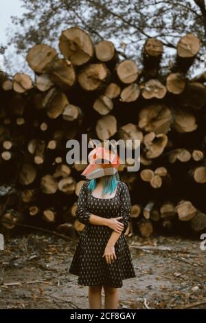 Donna anonima in carta maschera volpe che copre la testa intera guardando via e in piedi con le braccia incrociate sullo sfondo con pila di tronchi. Concetto di impatto umano negativo sull'habitat naturale Foto Stock