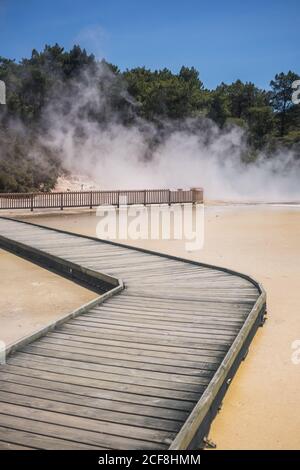 Ponte di legno in un bellissimo lago vulcanico con sabbia colorata spiaggia vicino grande foresta verde con cielo blu sullo sfondo A Rotoura Foto Stock