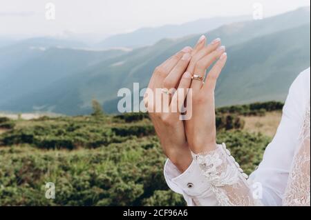 Tema di nozze, tenendo le mani sposi novelli Foto Stock