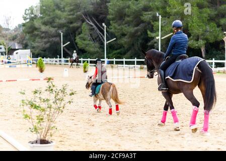 Vista posteriore di ragazzo su pony roan e ragazza teen su cavalli marroni a cavallo sull'arena di dressage durante la lezione in scuola equestre Foto Stock