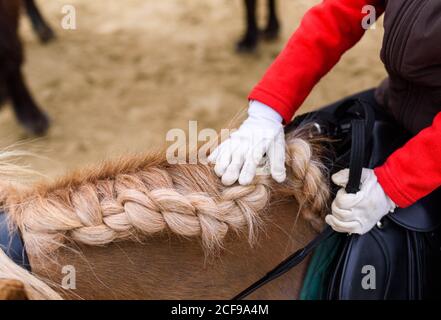 Da sopra anonimo capretto in costume di fantino e guanti che toccano guaine intrecciate mentre cavalcano pony sull'arena durante l'allenamento in scuola equestre Foto Stock