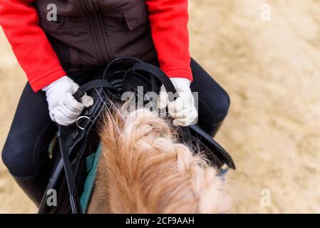 Da sopra anonimo piccolo fantino afferrare le redini e cavalcare pony con uomo intrecciato su terreno sabbioso di paddock Foto Stock