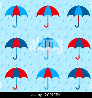 Modello autunnale con ombrelli colorati e pioggia. Sfondo vettoriale senza giunture. Illustrazione Vettoriale