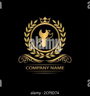 impostazione, riparazione logo template lusso royal vettore servizio azienda decorativa emblema con corona Illustrazione Vettoriale