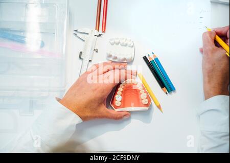 Dall'alto di ortodontista raccolto con matita in lavorazione a mano con stampo dentale bianco a tavola con attrezzatura professionale Foto Stock