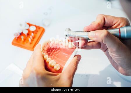 Da sopra troncato anonimo dentista tirocinante che esegue l'operazione dentale con bur intagliare il getto dentale mentre si lavora in laboratorio Foto Stock