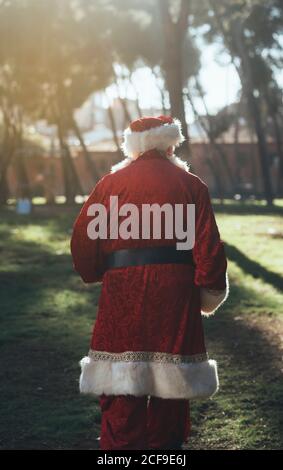 Vista posteriore di un uomo anziano irriconoscibile in costume di Santa Claus camminando nel parco naturale verde Foto Stock