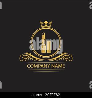 logo cosmetico modello di lusso royal vettore rossetto azienda emblema decorativo con corona Illustrazione Vettoriale