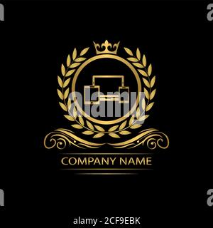 Modello di logo Smart Devices, società di servizi Royal Vector di lusso. Telefono , tablet, laptop , computer negozio emblema decorativo con corona Illustrazione Vettoriale
