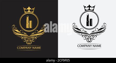 logo cosmetico modello di lusso royal vettore rossetto azienda emblema decorativo con corona Illustrazione Vettoriale