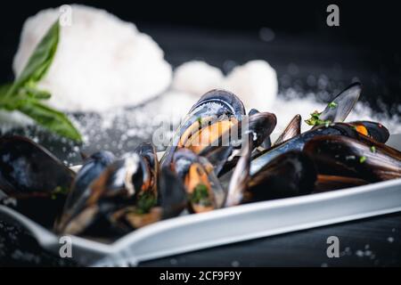 Cozze al vapore con salsa tailandese in piatto bianco Foto Stock