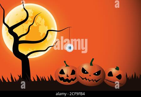 Zucche, eyepball e cartoon albero in serata con luna piena. Illustrazione Vettoriale