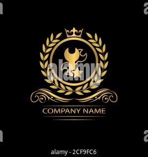 impostazione, riparazione logo template lusso royal vettore servizio azienda decorativa emblema con corona Illustrazione Vettoriale