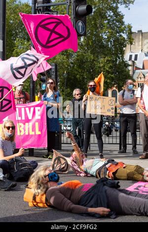 Manifestanti che bloccano una strada durante una manifestazione di rivolta di estinzione, Parliament Square, Londra, 2 settembre 2020 Foto Stock