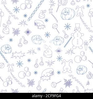 Disegni di Natale di nuovo anno. Fiocchi di neve. Palle di Natale, giocattoli. Modello. Carta da imballaggio. Illustrazione Vettoriale